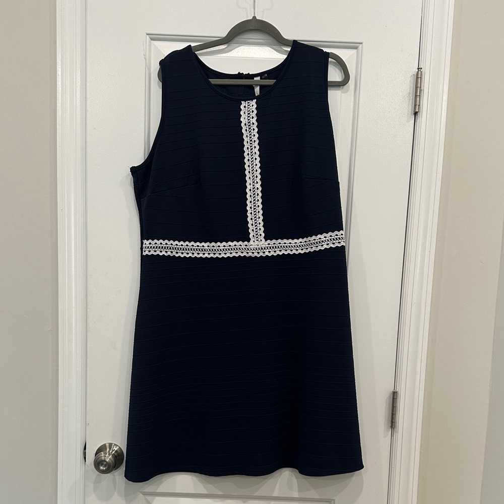 NY Collection Navy Midi Dress with White Lace Trim